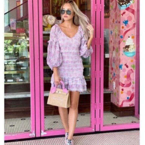 LoveShackFancy Ensley Mini Dress in Candy Heart Shirred Waist Ruffle Skirt Small - Picture 4 of 13